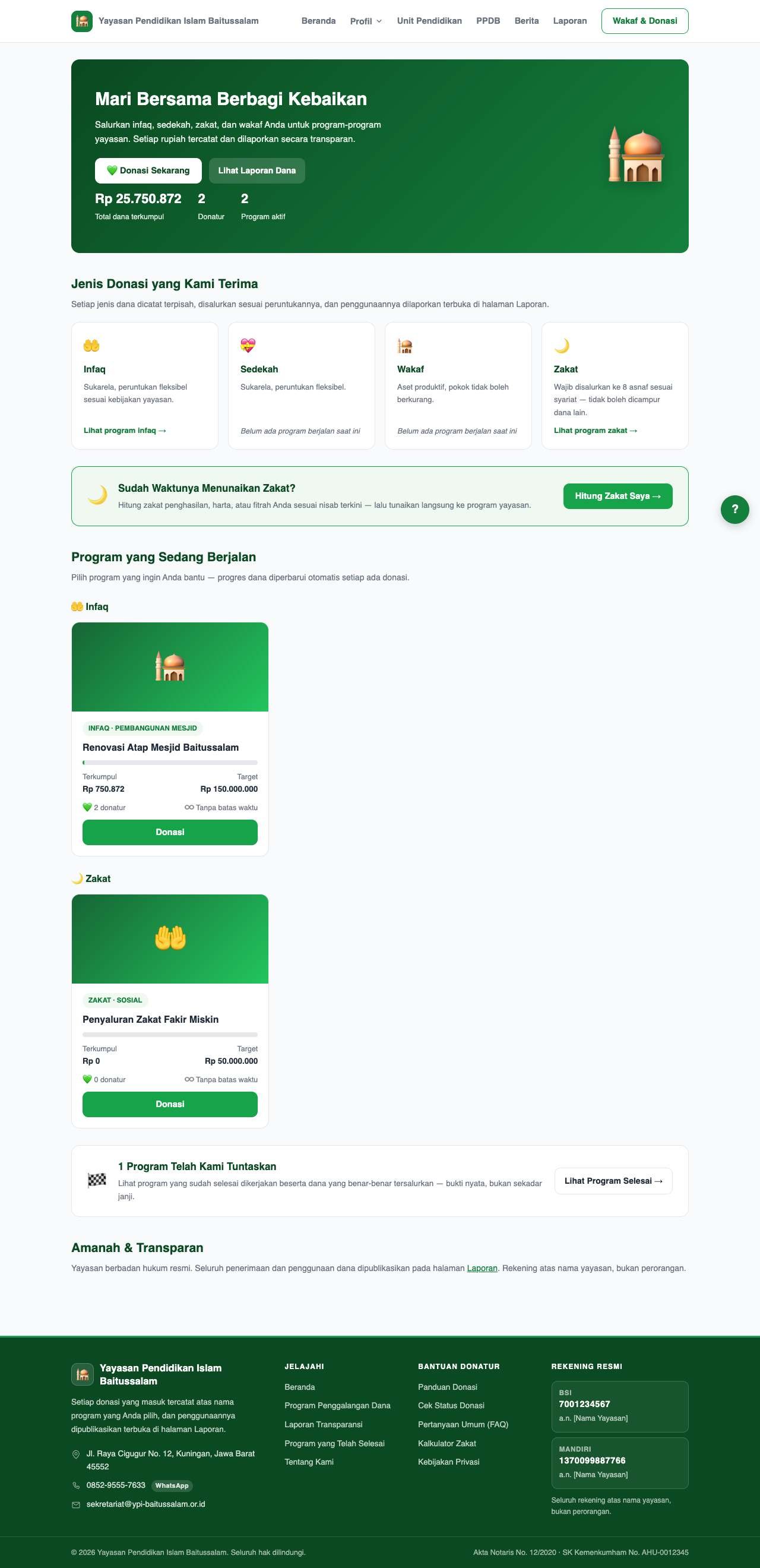 Halaman donasi dengan hero, jenis dana, dan daftar program
