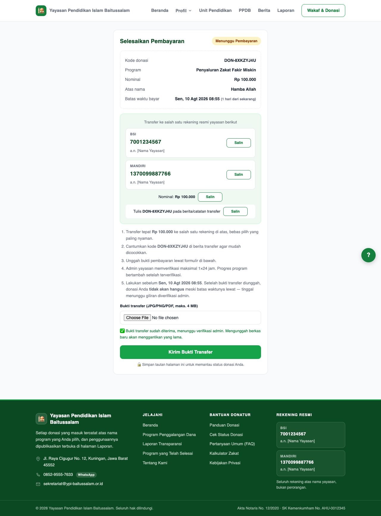 Halaman instruksi pembayaran setelah bukti transfer diunggah